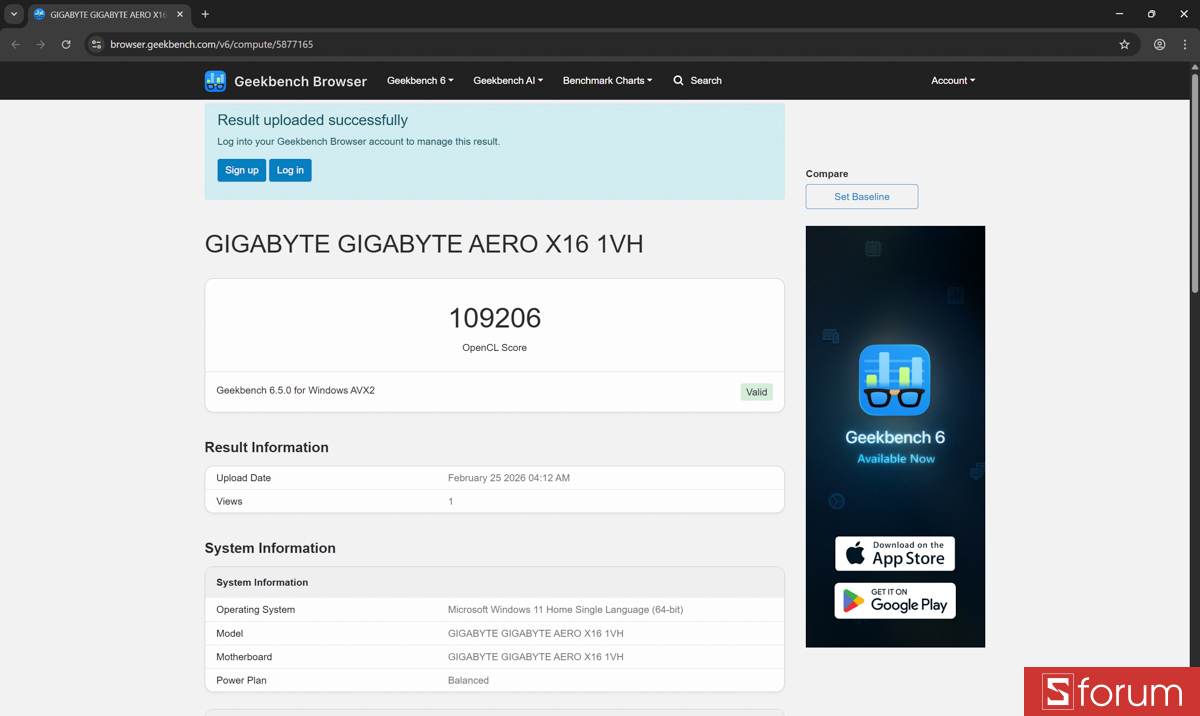 Geekbench 6 trên Gigabyte Aero X16