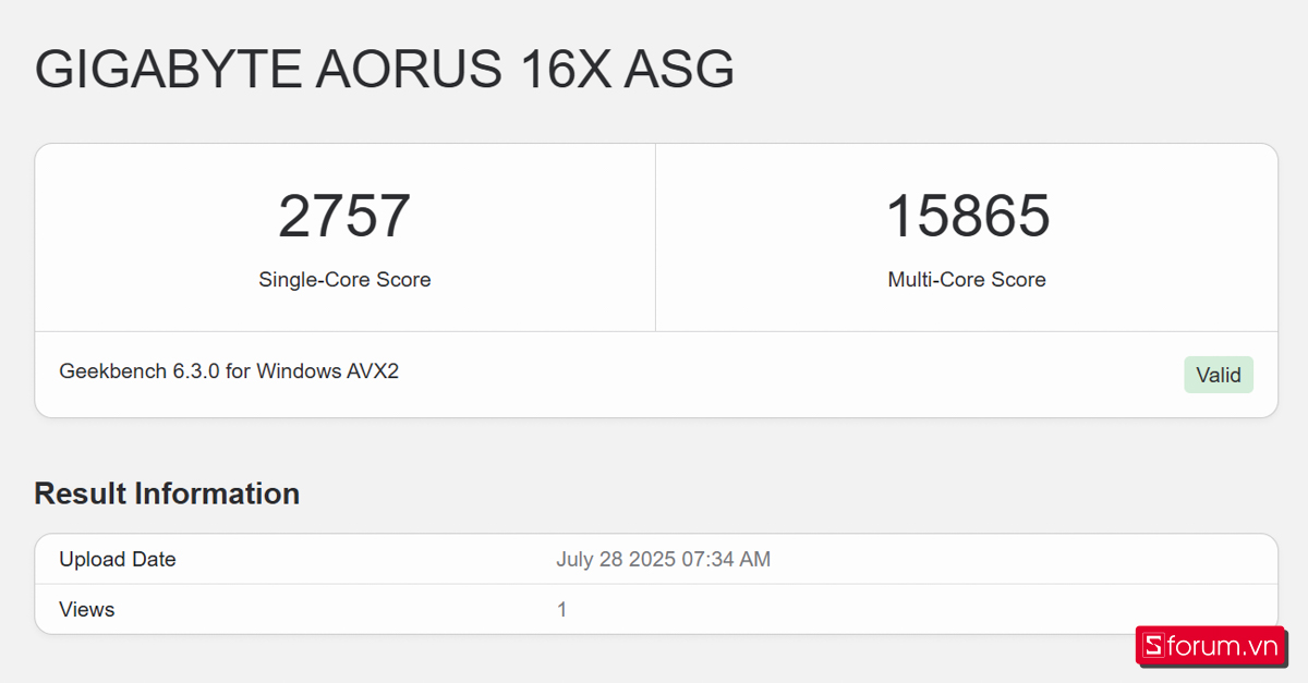 Geekbench 6 của Gigabyte AORUS 16X