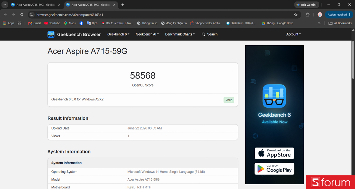 Geekbench 6 trên Acer Gaming Aspire 7 2026