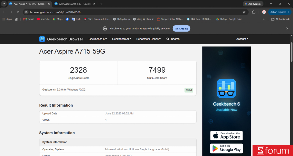 Geekbench 6 trên Acer Gaming Aspire 7 2026