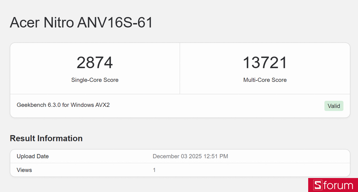 Geekbench 6 trên Acer Nitro V 16S AI ProPanel