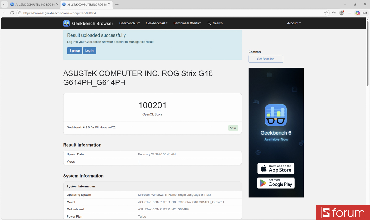 Geekbench 6 trên ASUS ROG Strix G16 G614P