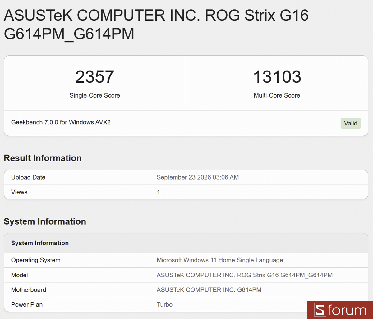 Geekbench 7 trên ASUS ROG Strix G16 G614PM