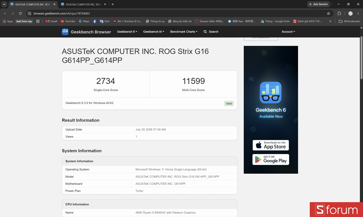 Geekbench 6 trên ASUS ROG Strix G16