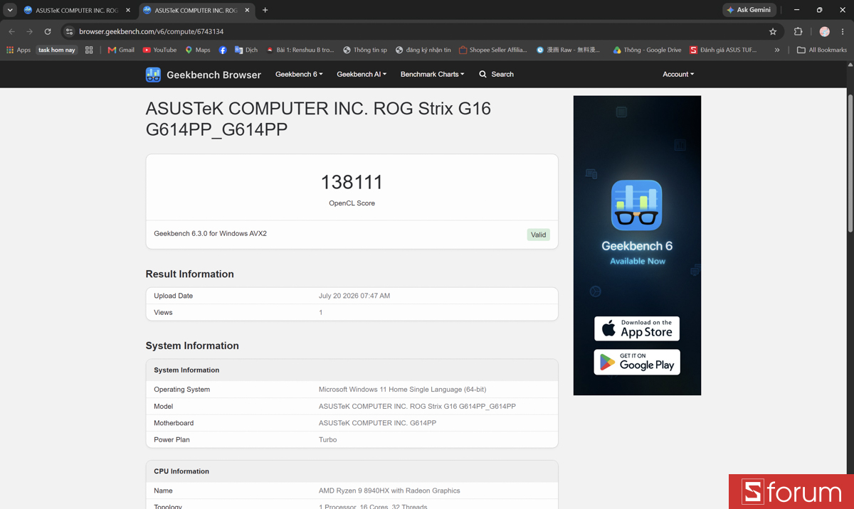 Geekbench 6 trên ASUS ROG Strix G16