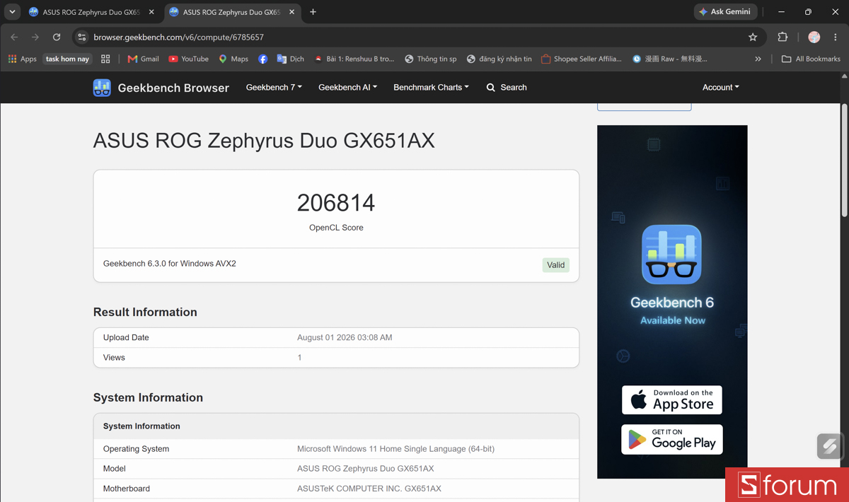 Geekbench 6 trên ASUS ROG Zephyrus Duo 2026