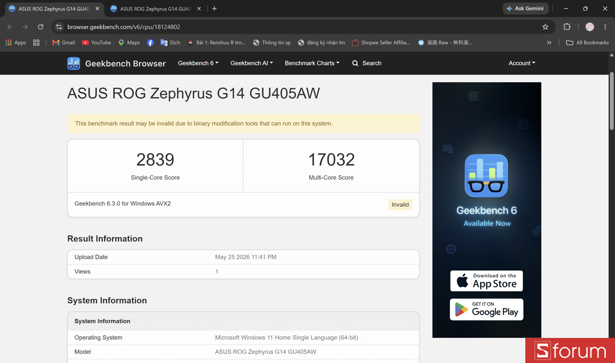 Geekbench 6 trên ASUS ROG Zephyrus G14 2026