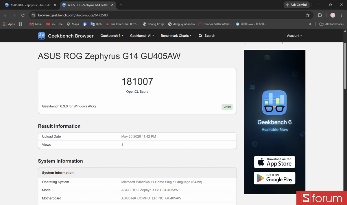 Geekbench 6 trên ASUS ROG Zephyrus G14 2026