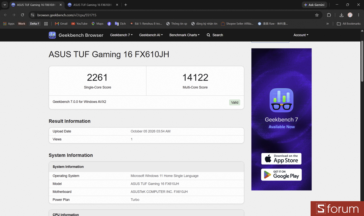Geekbench 7 trên ASUS TUF Gaming 16 FX610JH