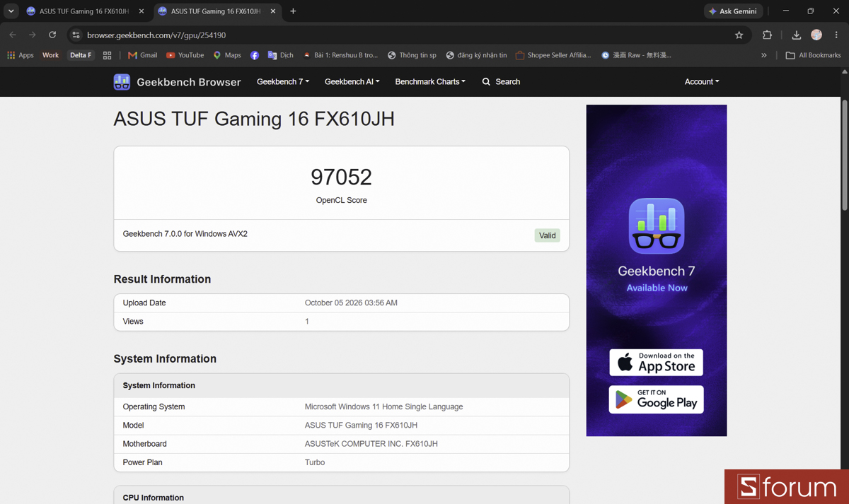 Geekbench 7 trên ASUS TUF Gaming 16 FX610JH