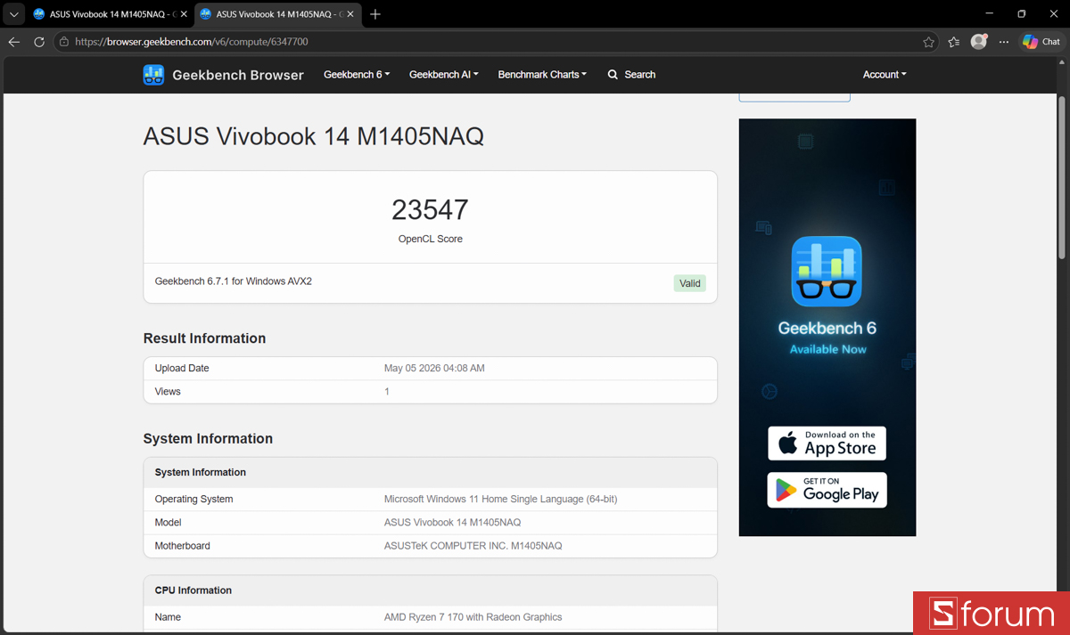 Geekbench 6 trên ASUS VivoBook 14