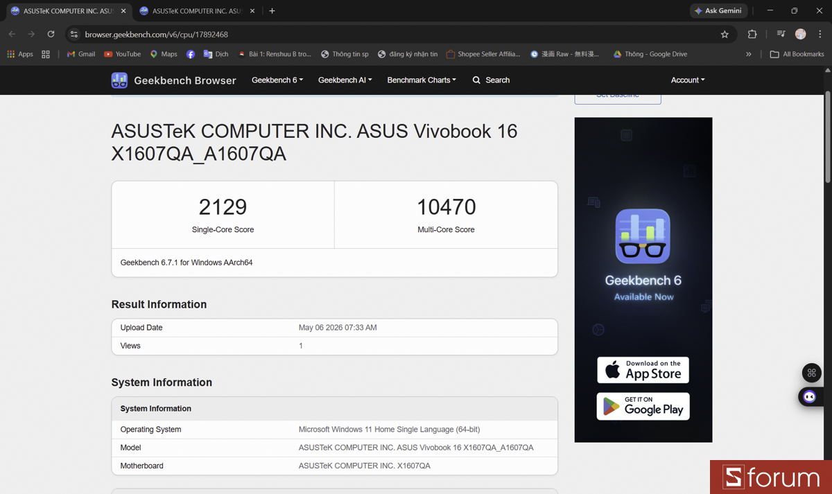 Geekbench 6 trên ASUS VivoBook 16 A1607QA