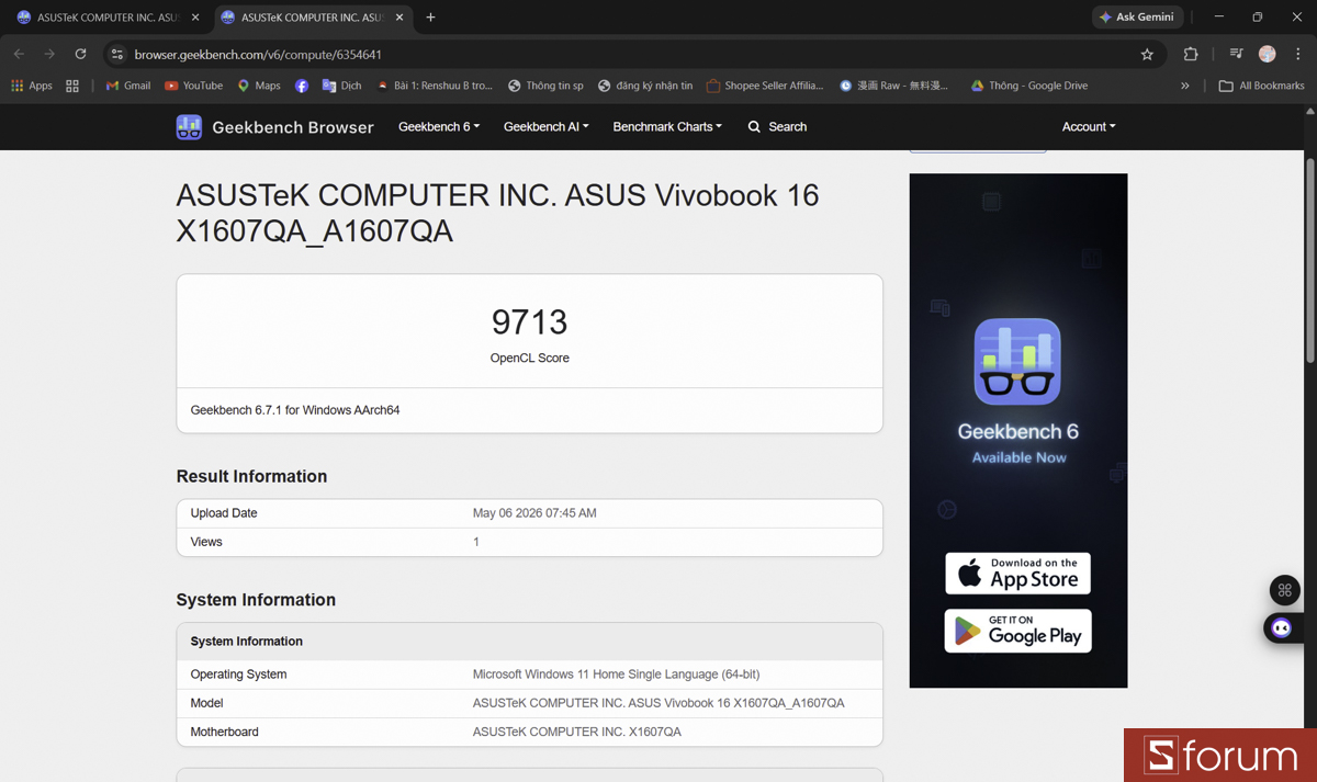 Geekbench 6 trên ASUS VivoBook 16 A1607QA
