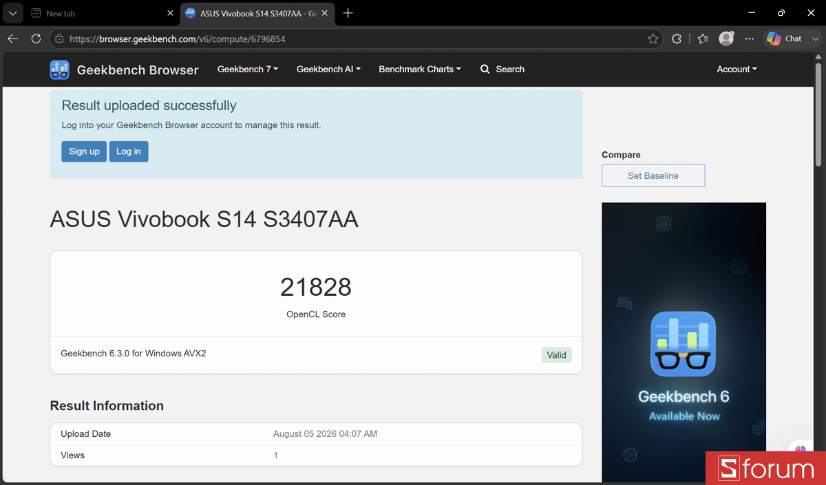 Geekbench 6 trên ASUS VivoBook S 14 S3407AA