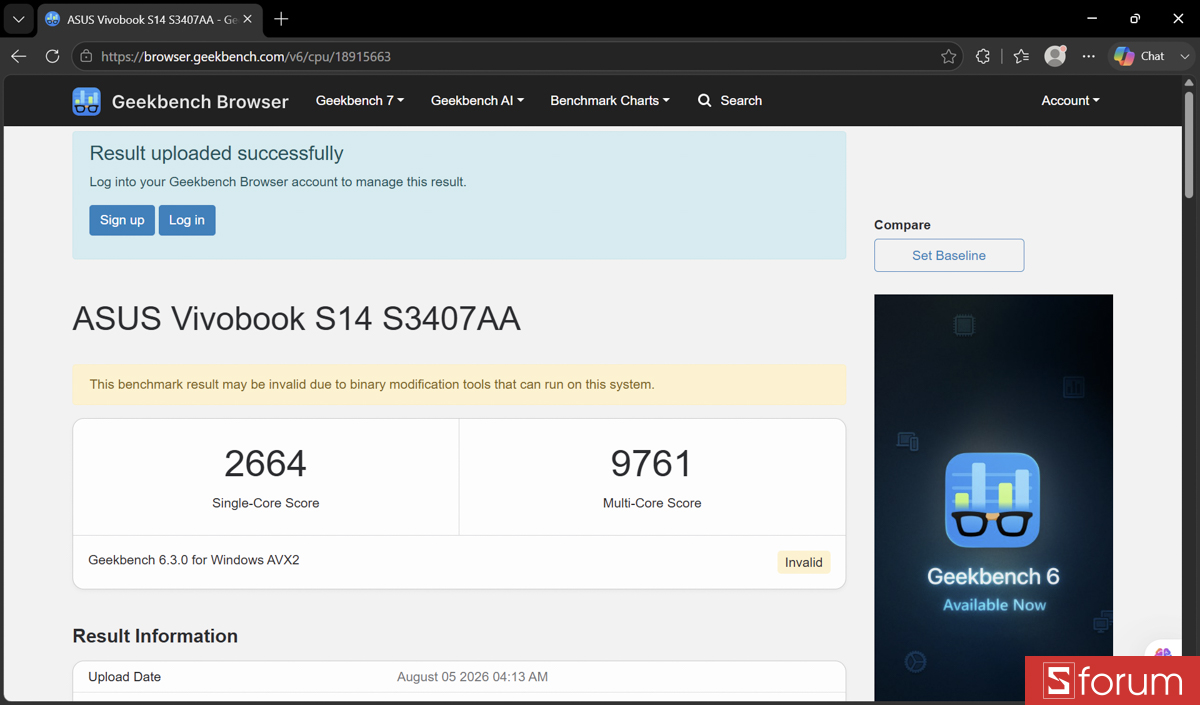 Geekbench 6 trên ASUS VivoBook S 14 S3407AA