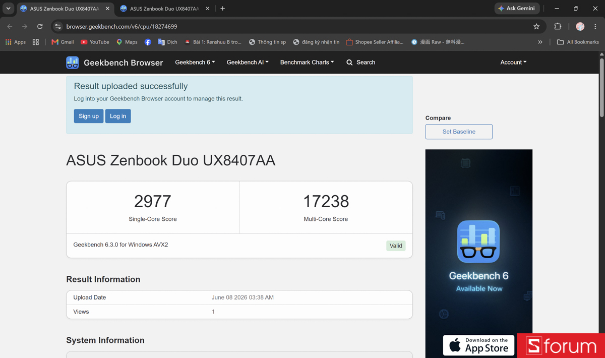 Geekbench 6 trên ASUS ZenBook DUO 2026
