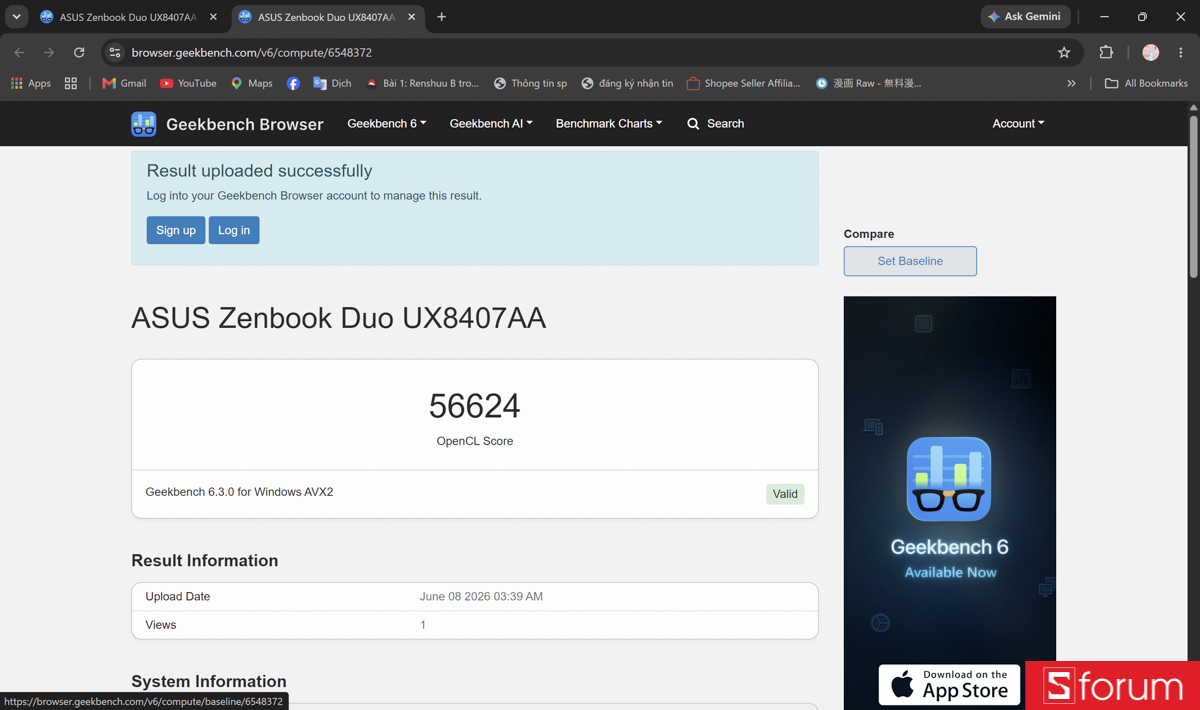Geekbench 6 trên ASUS ZenBook DUO 2026