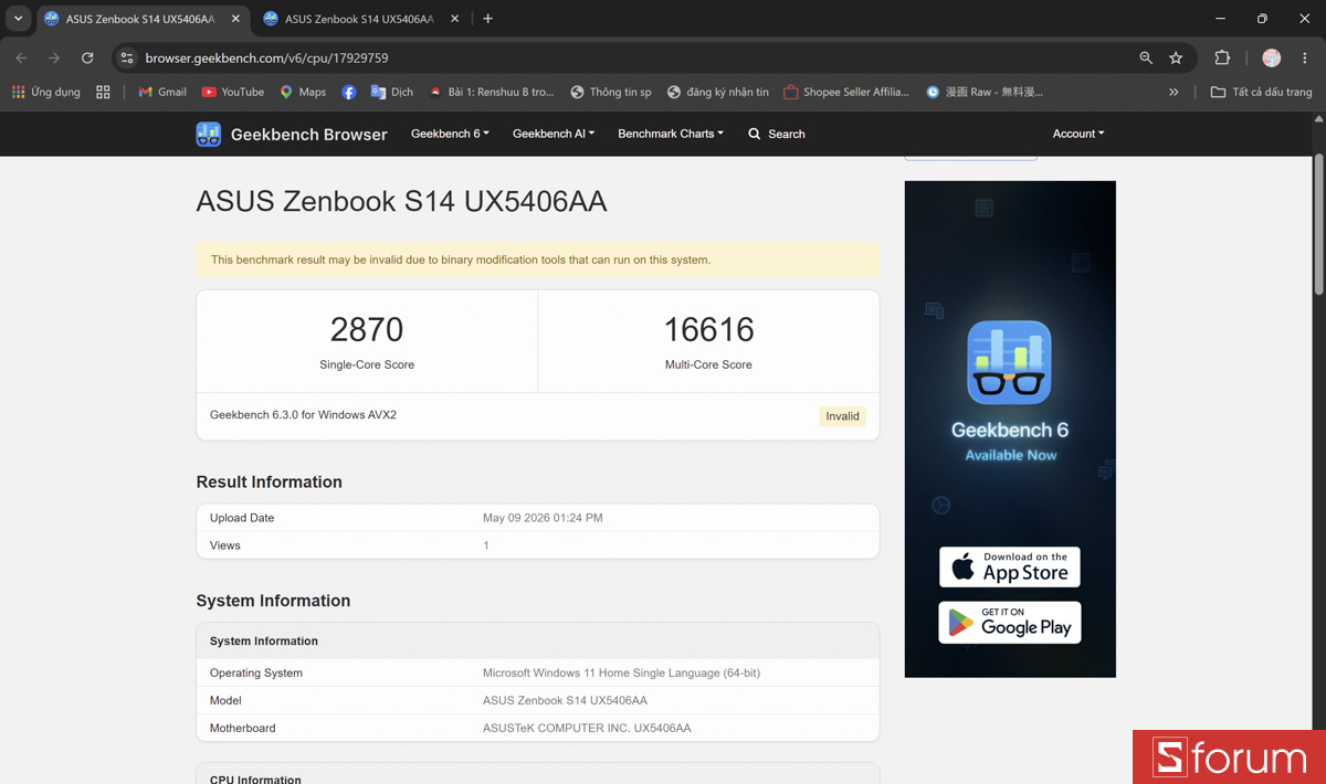 Geekbench 6 trên ASUS ZenBook S 14