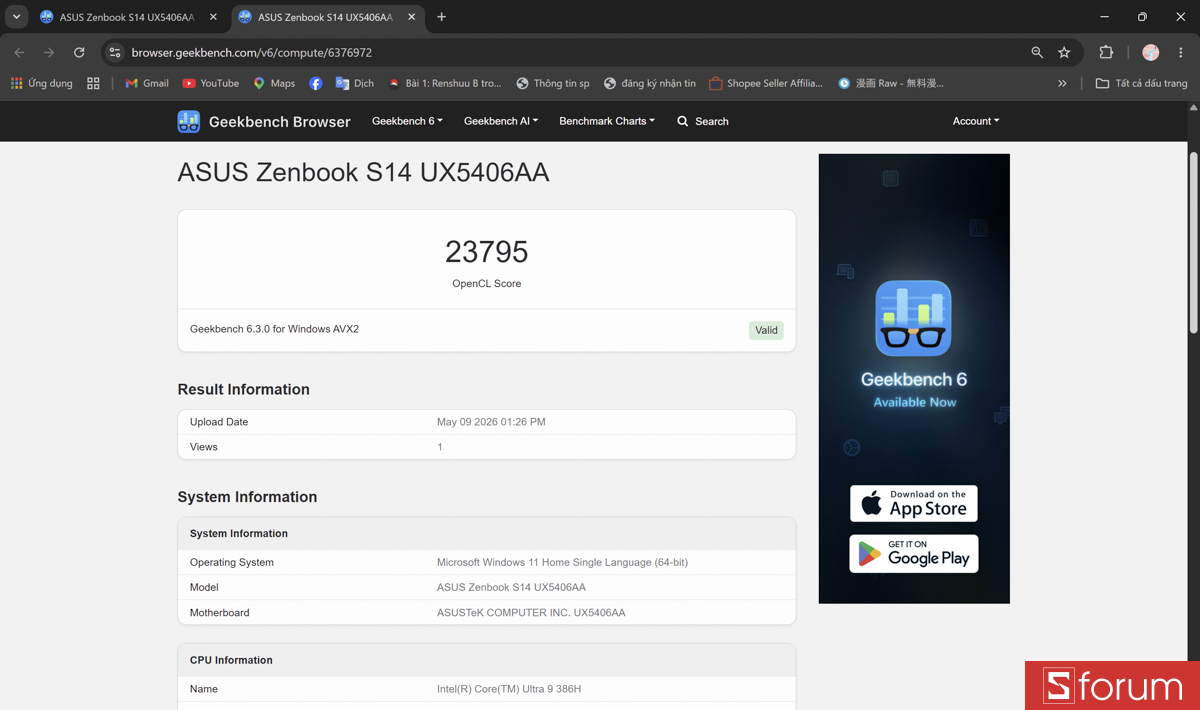 Geekbench 6 trên ASUS ZenBook S 14
