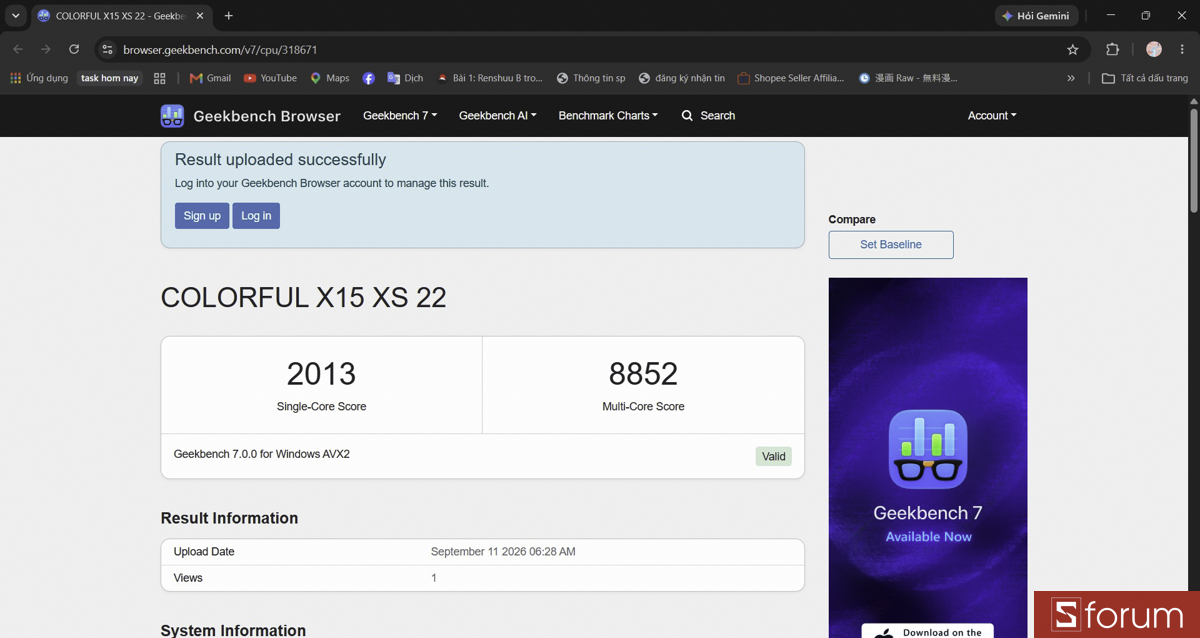 Geekbench 6 trên COLORFUL EVOL X15 XS