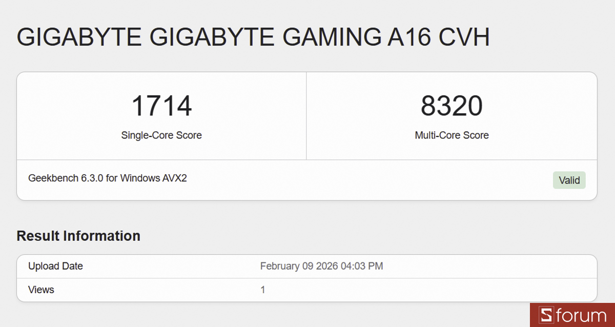 Geekbench 6 trên Gigabyte Gaming A16
