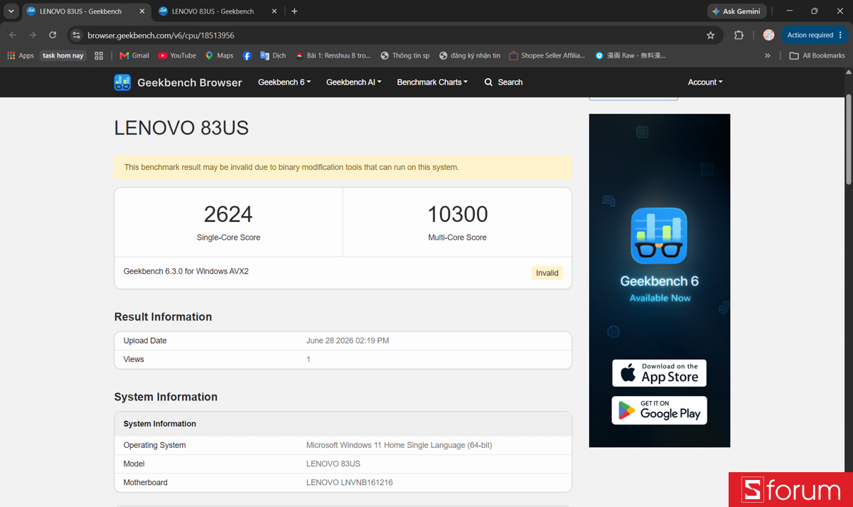 Geekbench 6 trên Lenovo IdeaPad Slim 3i 2026