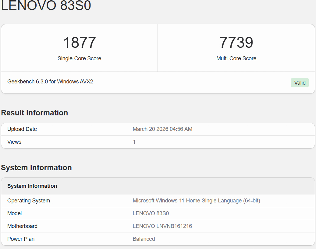 Geekbench 6 trên Lenovo LOQ 15ARP10E