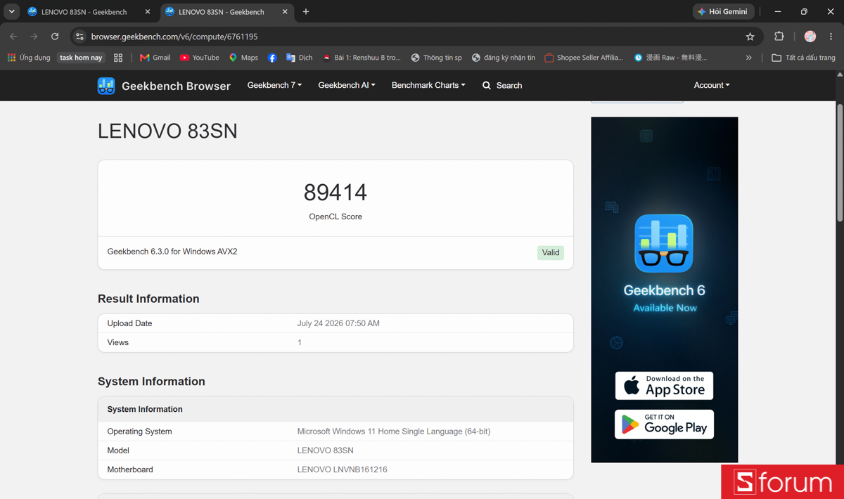 Geekbench 6 trên Lenovo Yoga Pro 7