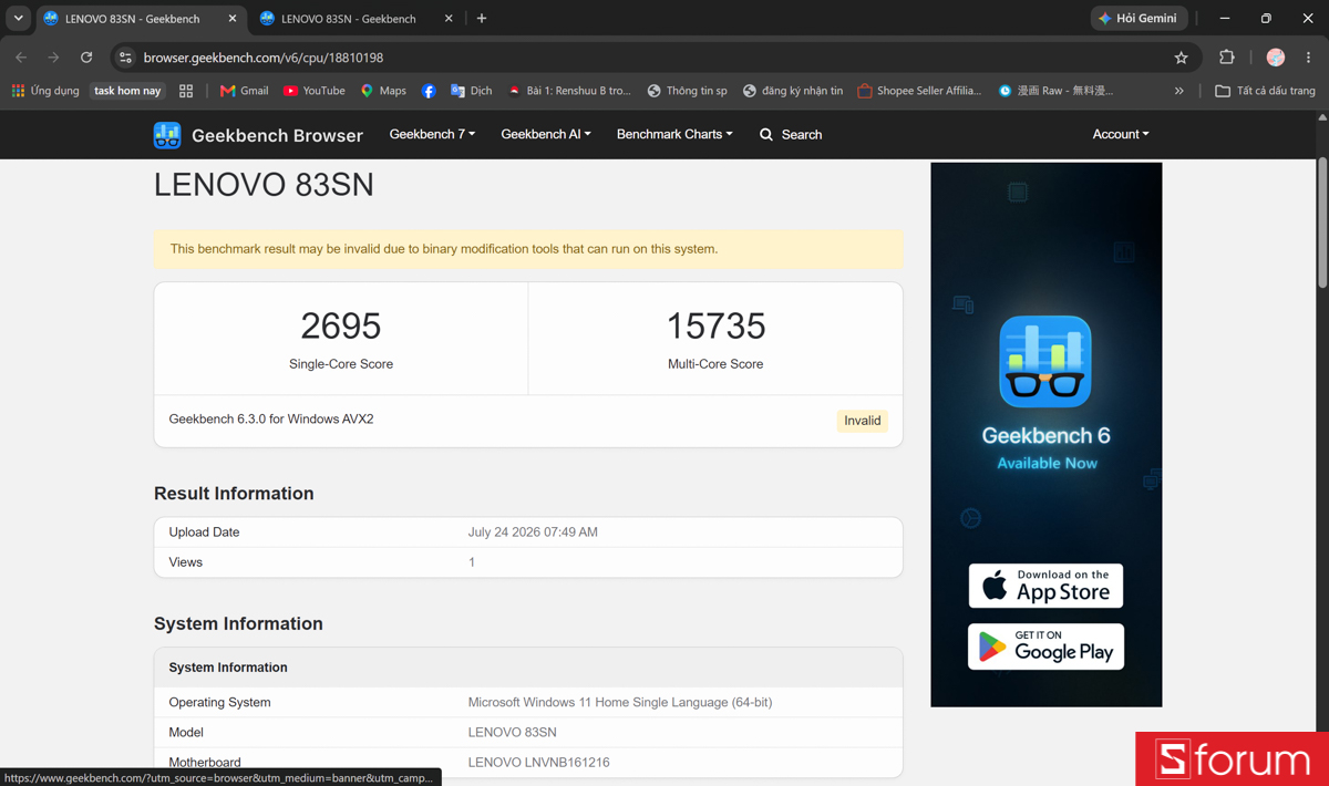 Geekbench 6 trên Lenovo Yoga Pro 7