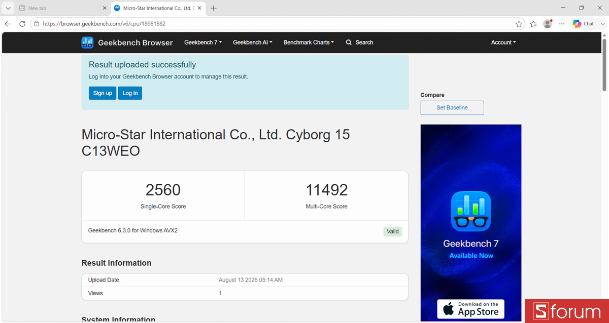 Geekbench 6 trên MSI Cyborg 15 C13WEO
