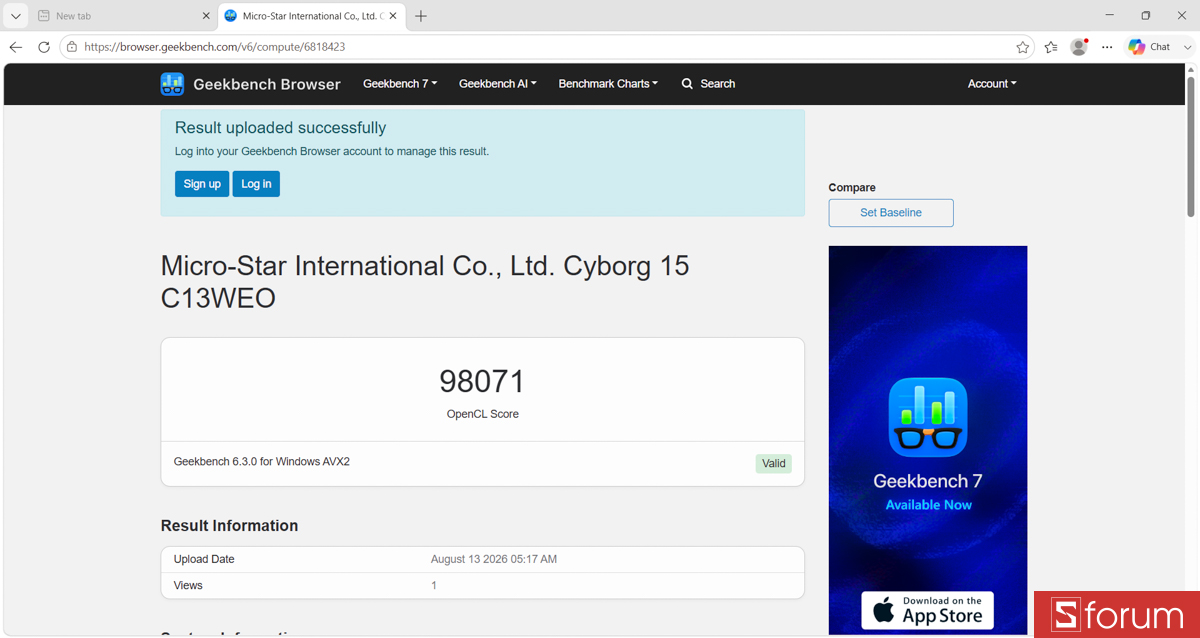 Geekbench 6 trên MSI Cyborg 15 C13WEO
