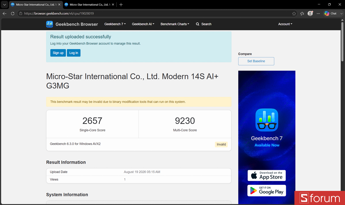 Geekbench 6 trên MSI Modern 14S AI+