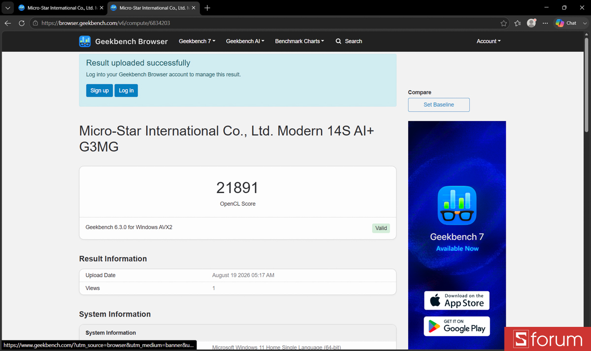 Geekbench 6 trên MSI Modern 14S AI+