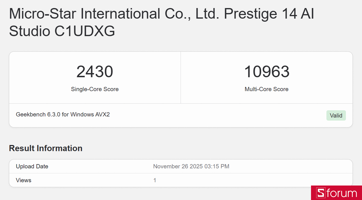 Geekbench 6 trên MSI Prestige 14 AI Studio