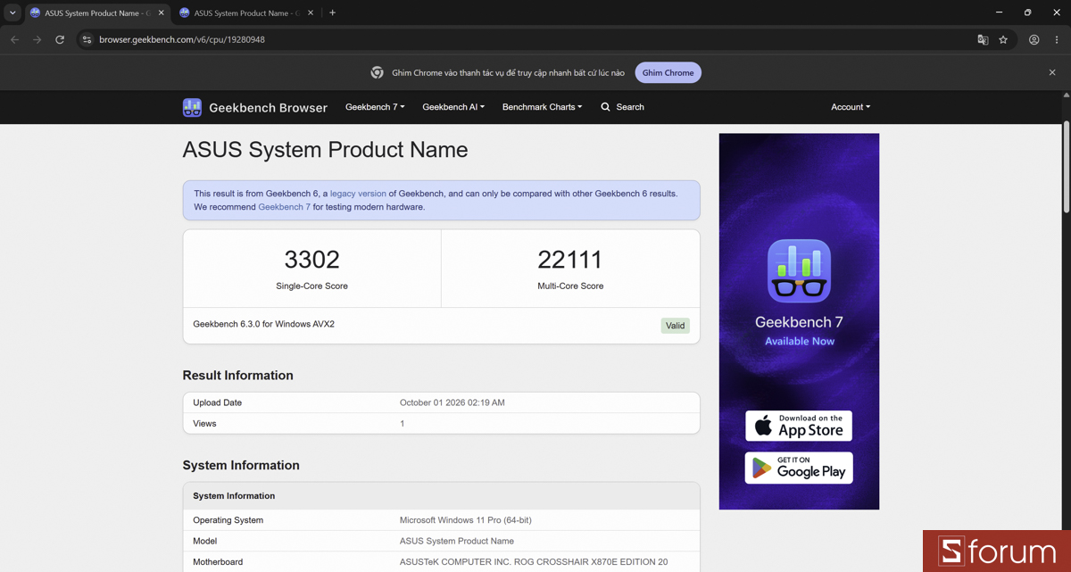 Geekbench 6 trên PC ASUS ROG 20th ANNIVERSARY