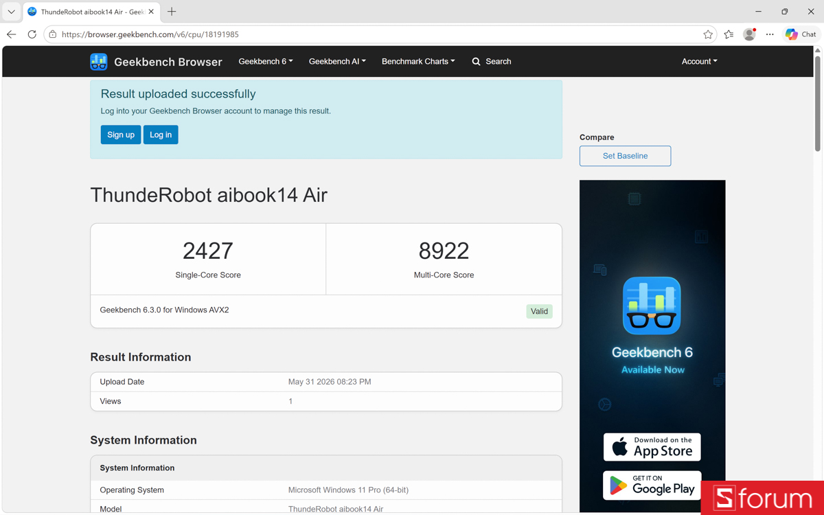 Geekbench 6 trên Thunderobot AiBook 14 Air