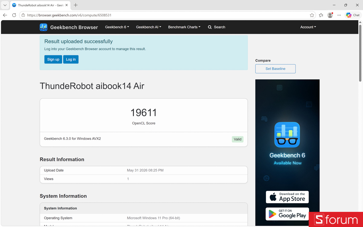 Geekbench 6 trên Thunderobot AiBook 14 Air