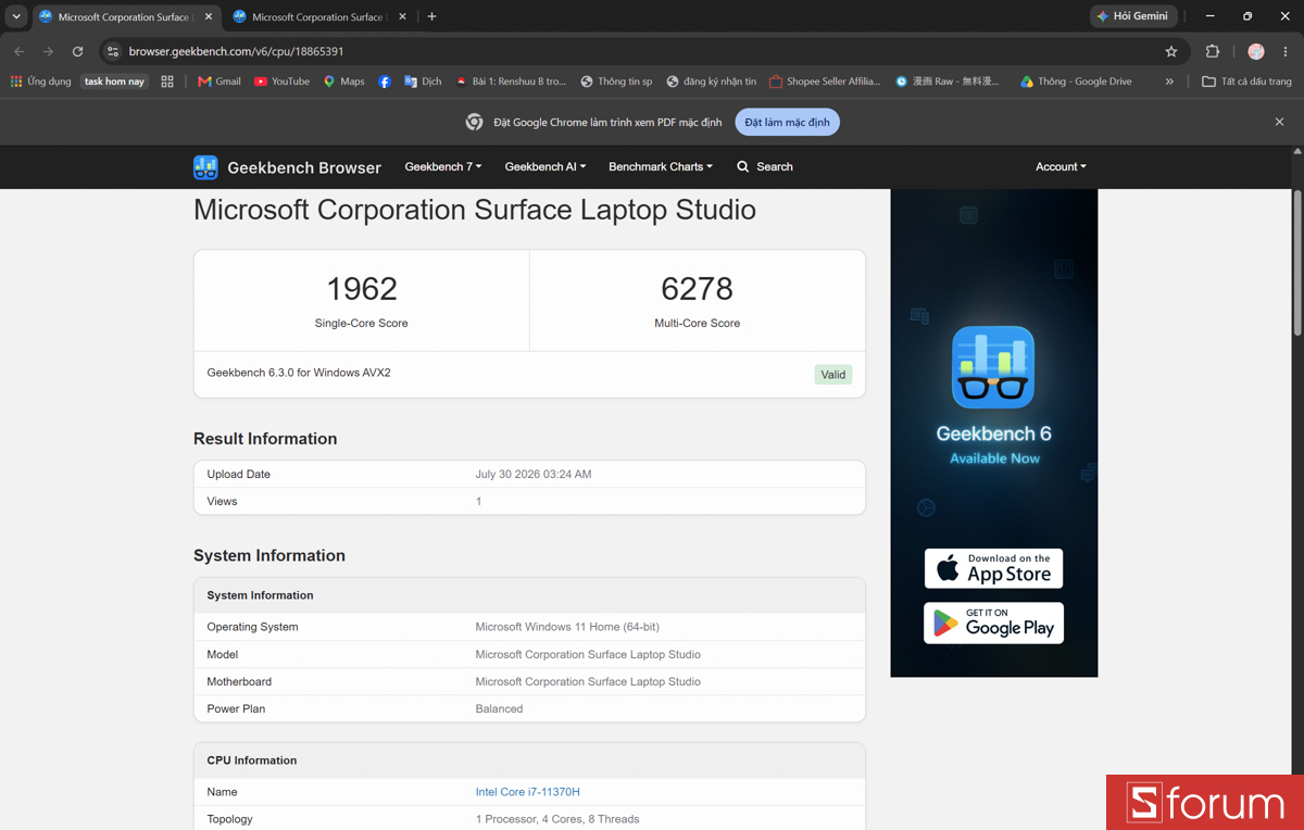 Geekbench 6 trên Microsoft Surface Studio 1