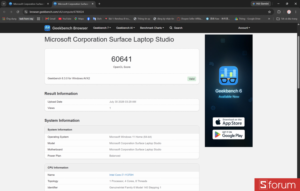 Geekbench 6 trên Microsoft Surface Studio 1