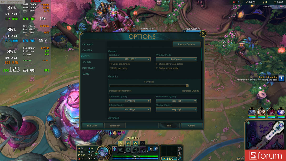 Liên minh huyền thoại với laptop gaming 8GB