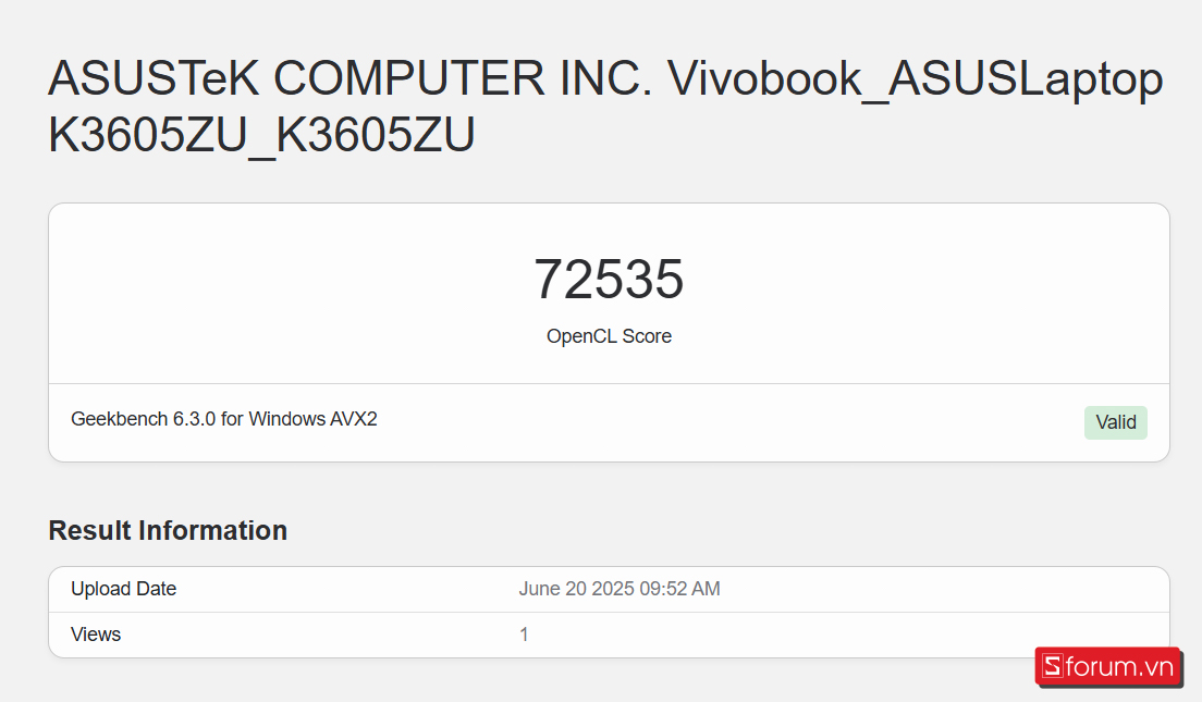 Geekbench GPU trên ASUS Gaming Vivobook 16X