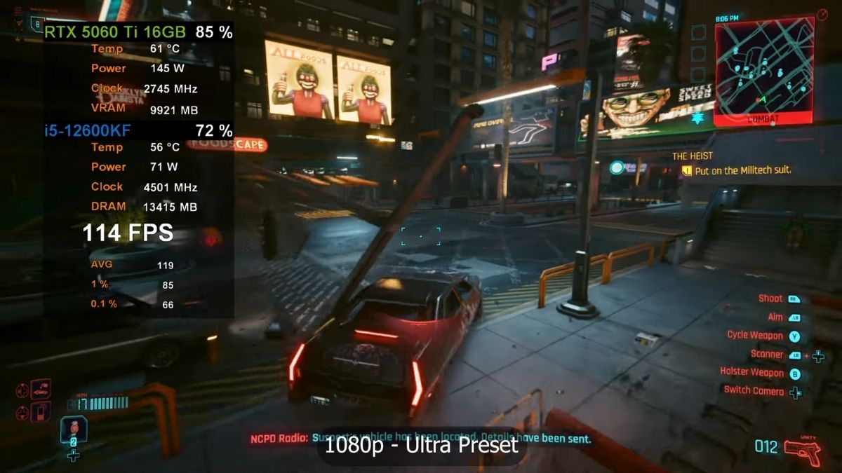 Cyberpunk 2077 - 1080P - Ultra setting trên MSI GeForce RTX 5060 Ti 16GB