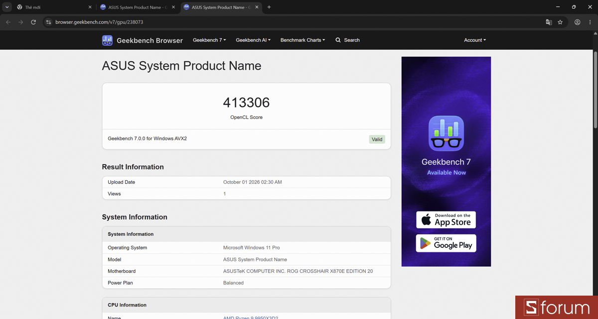 Geekbench 7 trên ASUS ROG Astral GeForce RTX 5090 Edition 20