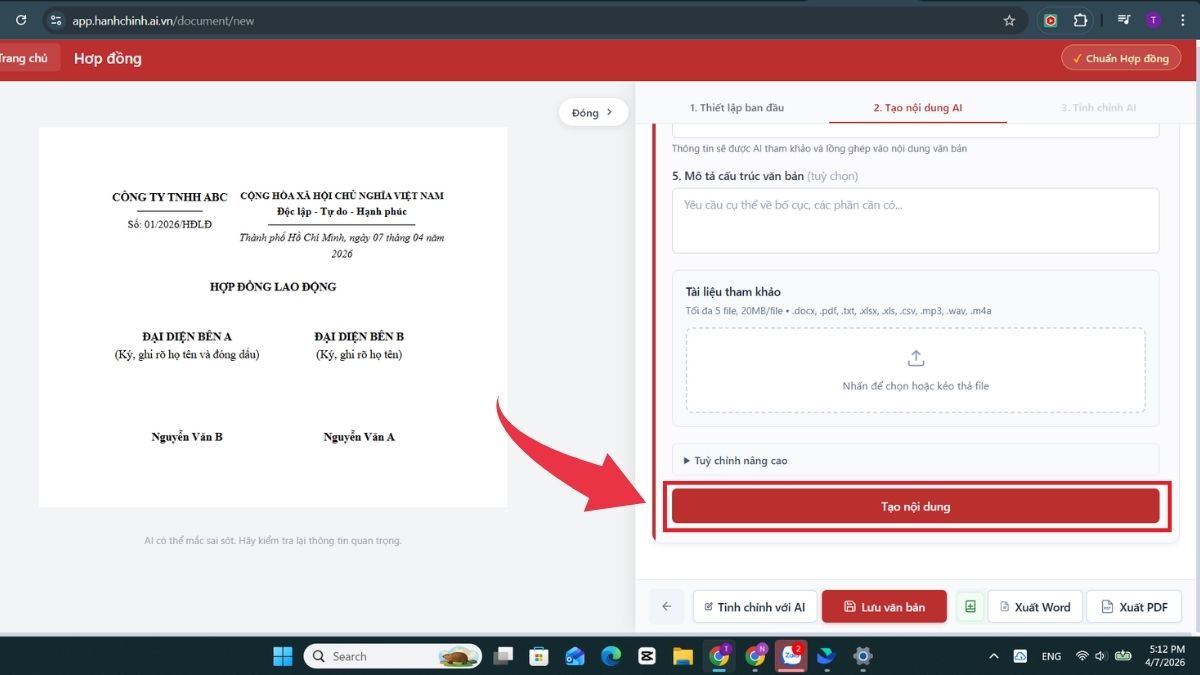 Cách dùng AI soạn thảo văn bản hành chính - Bước 5 tạo nội dung