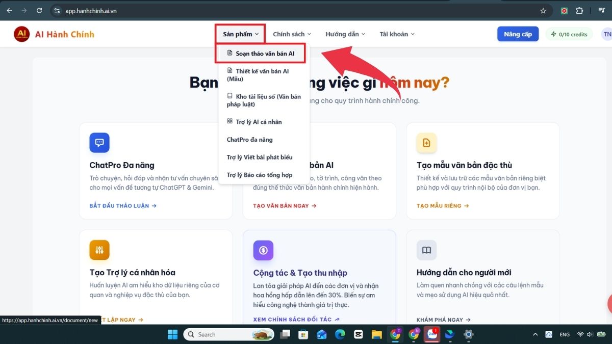 Cách dùng AI soạn thảo văn bản hành chính - Bước 2 chọn tính năng soạn thảo