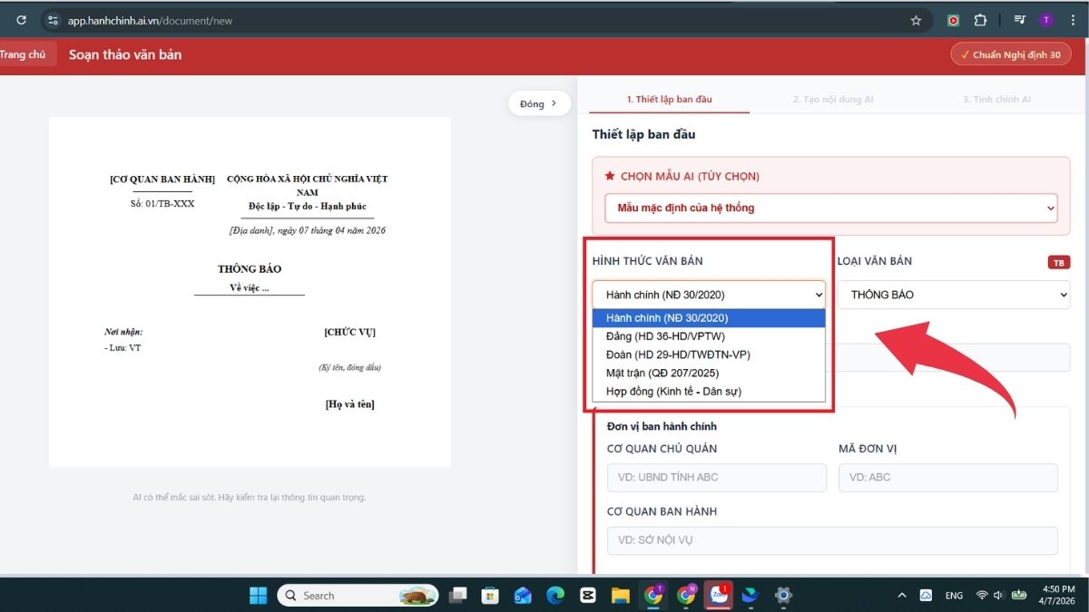Cách dùng AI soạn thảo văn bản hành chính - Bước 3 thiết lập