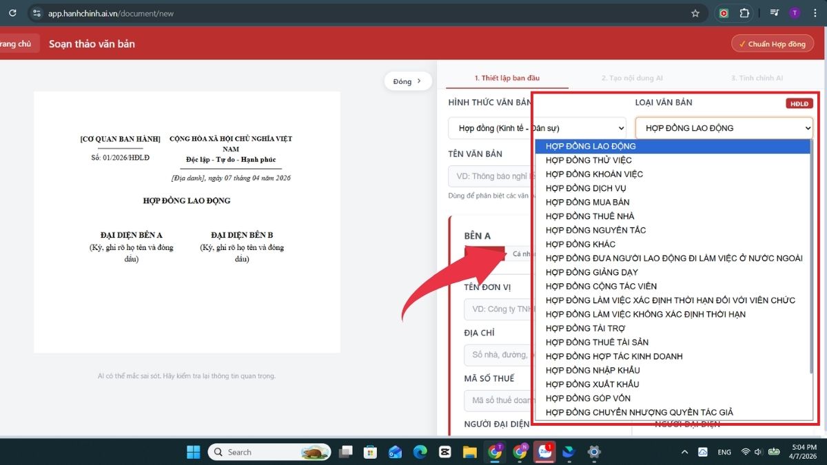 Cách dùng AI soạn thảo văn bản hành chính - Bước 3 chọn loại văn bản