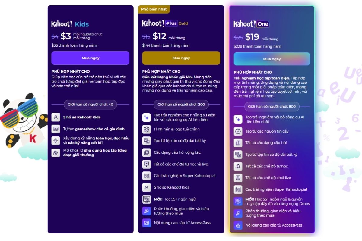 Bảng giá Kahoot dành cho trẻ em