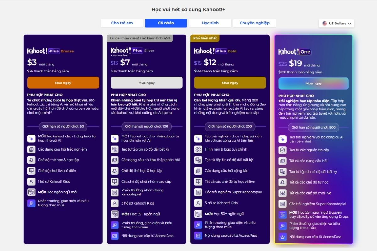 Bảng giá Kahoot cá nhân