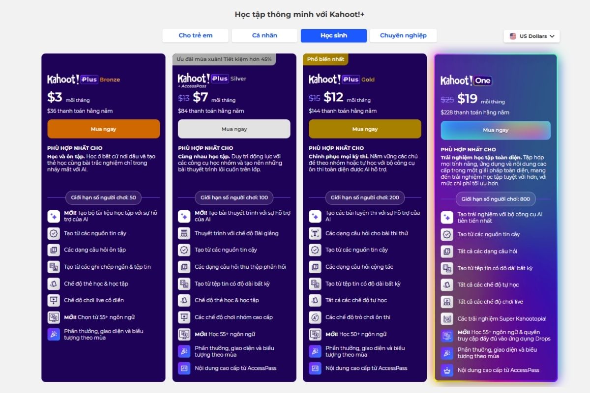 Bảng giá Kahoot cho học sinh